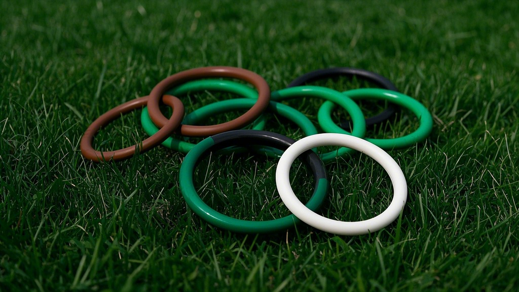 1綠色的棕色的白色的黑色的O型密封圈，比例 16_9__，背景為草地